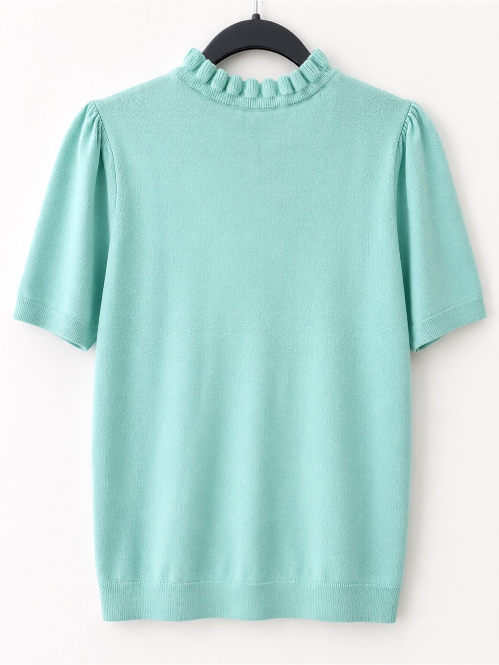J.Crew NWT Mint Green Ruffle Neck Puff Sleeve Sweater Top 100% Cotton Small - Picture 2 of 3